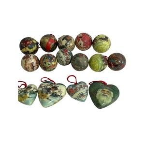 15 Vintage Christmas Tree Ornaments Decoupage Paper Mache Balls +Hearts Holiday